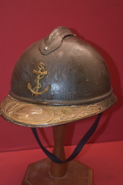 WW1 FRENCH COLONIAL MARINES HELMET WITH COMMEMORATIVE PLATE TO PEAK-SOLD