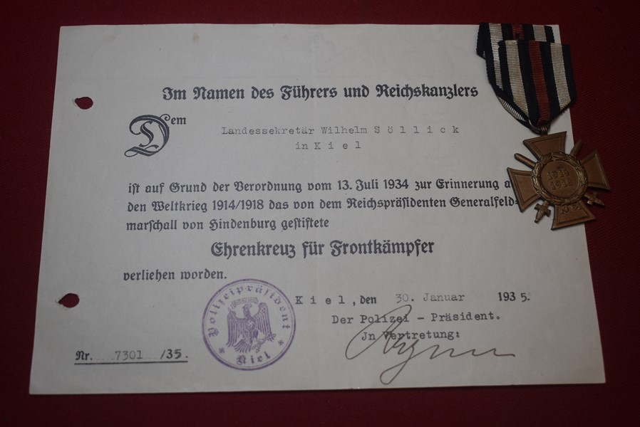 WW1 GERMAN HONOUR/HINDENBURG CROSS  AND CERTIFICATE OF ISSUE-SOLD