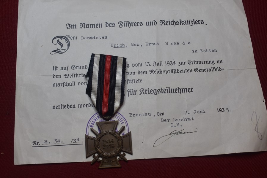 WW1 GERMAN HONOUR/HINDENBURG CROSS AND CERTIFICATE OF ISSUE-SOLD