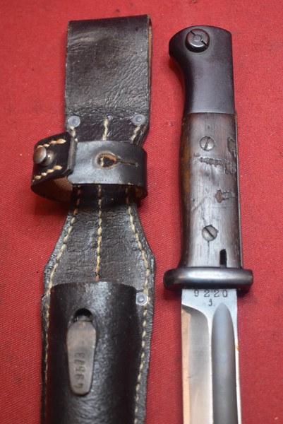 WW2 GERMAN EARLY ISSUED WOODEN GRIPS K98 BAYONET WITH FROG-SOLD