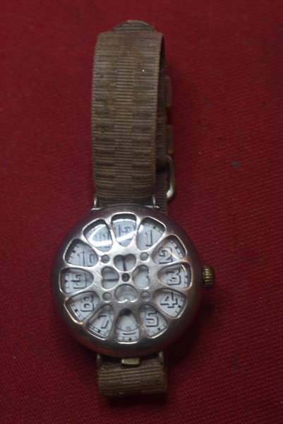 WW1 BRITISH OFFICERS TRENCH WATCH AND SHRAPNEL COVER BREVET 71263-SOLD