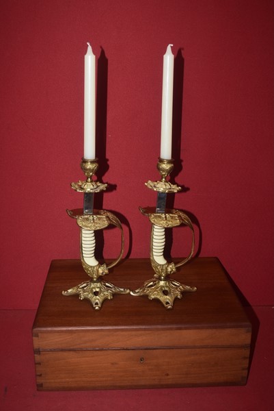 WW1 IMPERIAL GERMAN KRIEGSMARINE PAIR OF NAVAL OFFICERS SWORD CANDLE HOLDERS-SOLD