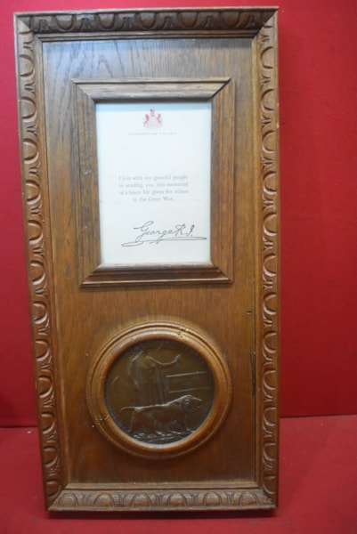 OAK FRAMED WW1 SOLDIERS DEATH PLAQUE AND CERTIFICATE-SOLD