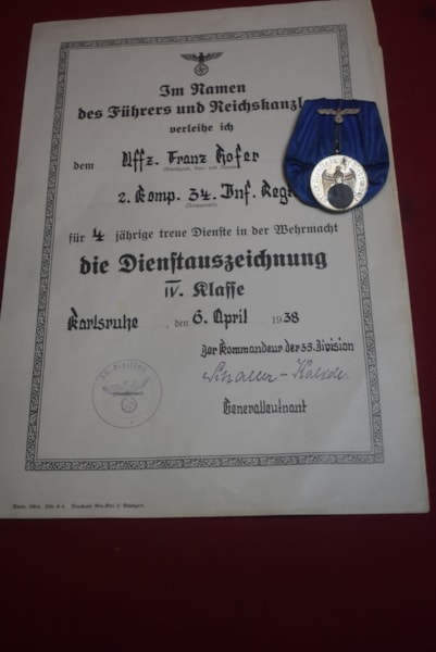 WW2 GERMAN ARMY 4 YEAR LONG SERVICE MEDAL AND ISSUE DOCUMENT