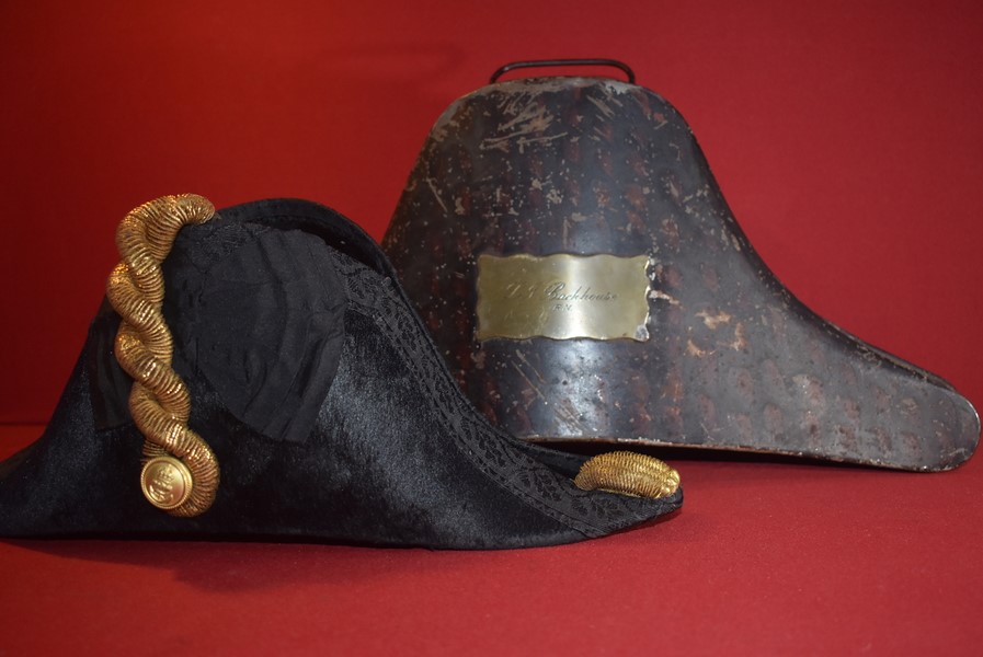 ROYAL NAVAL COCKED BICORN HAT WITH GILT METAL KNOTS FORE AND AFT IN  JAPANNED TIN CASE.-SOLD