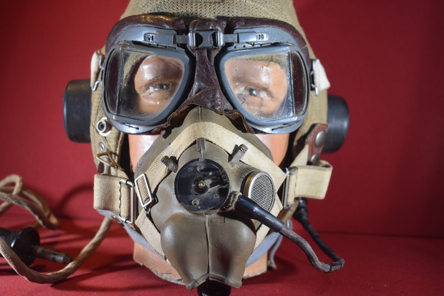 WW2 RAF/RAAF FIGHTER PILOTS TROPICAL HELMET, GOGGLES AND OXYGEN MASK.-SOLD