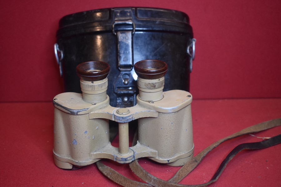 WW2 GERMAN AFRIKA KORPS BINOCULARS COMPLETE WITH BAKELITE CASE.-SOLD