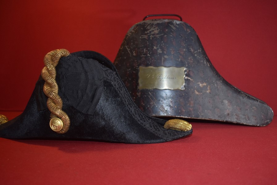 ROYAL NAVAL COCKED BICORN HAT WITH GILT METAL KNOTS FORE AND AFT IN JAPANNED TIN CASE.
