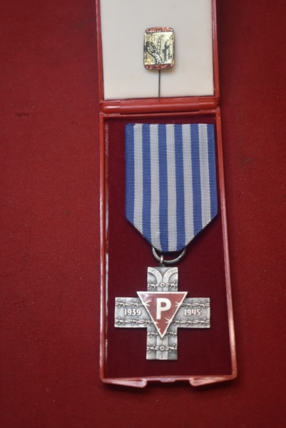 CASED POLISH AUSCHWITZ CONCENTRATION CAMP SURVIVORS CROSS AND PIN-SOLD