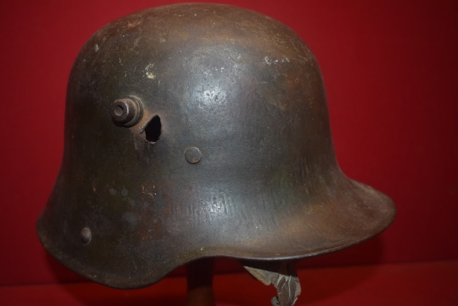 WW1 GERMAN M17 HELMET WITH BULLET HOLE-SOLD