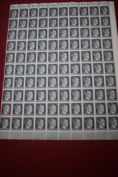WW2 GERMAN SHEET OF 1 PF HITLER HEAD STAMPS