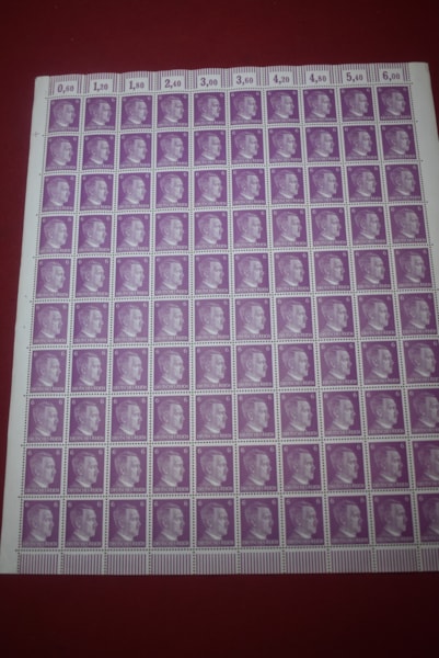 WW2 GERMAN SHEET OF 6Pf HITLER HEAD STAMPS
