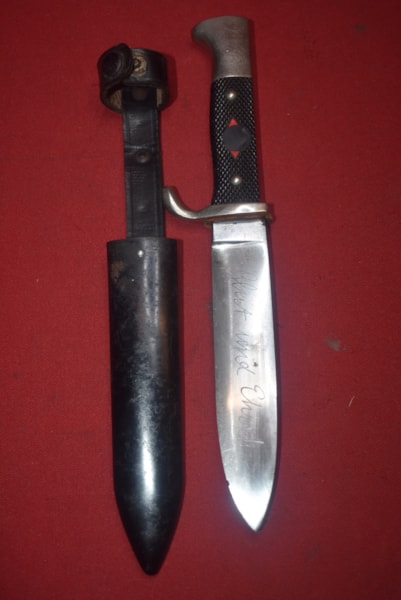 WW2 GERMAN HITLER YOUTH KNIFE BY WKC DATED 1937 WITH INSCRIPTION-SOLD