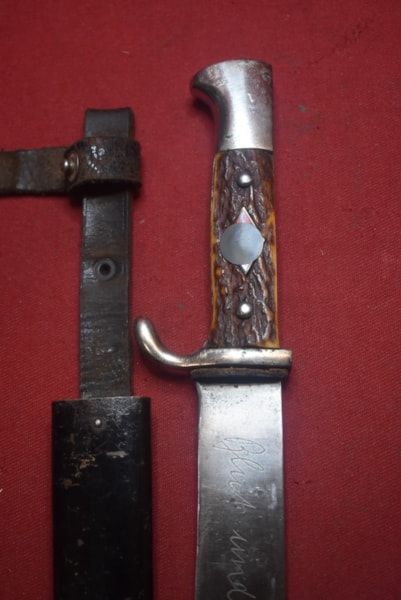 WW2 GERMAN HITLER YOUTH KNIFE, RARE STAG HANDLE GRIP VARIANT BY SMF WITH INSCRIPTION-SOLD